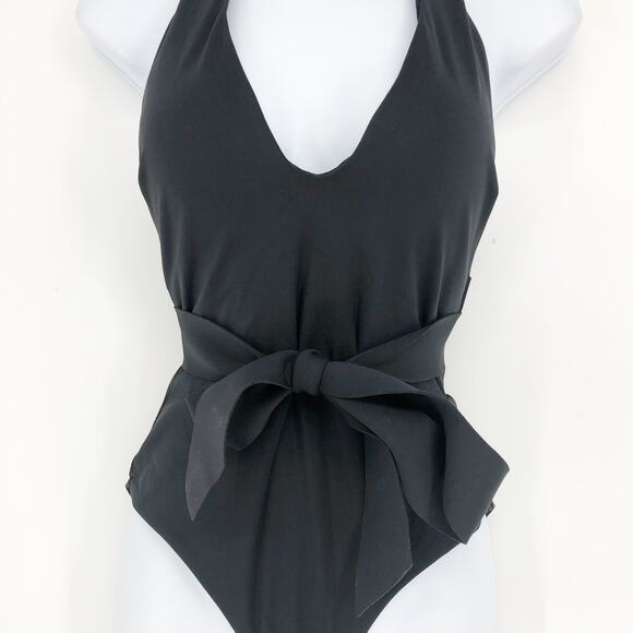 SEA LEVEL Dark Romance Bonded Belt Plunge One Piece Swimsuit Black 10 Halter Bow - Picture 5 of 11